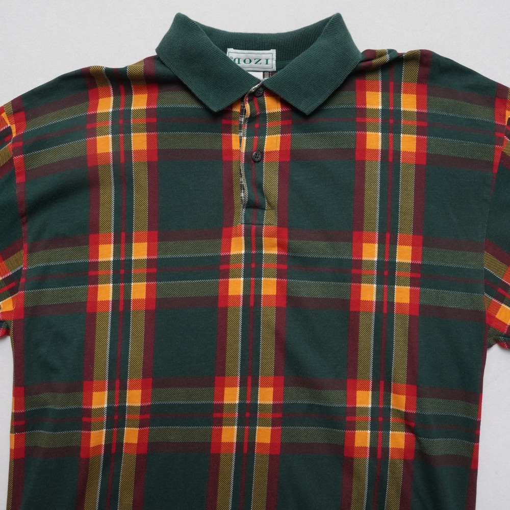 IZOD Plaid Polo Shirt Mens Medium Green Red Yellow Golf Preppy Vintage Style - Picture 3 of 14